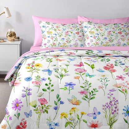 Nesker 7 Pcs Spring Comforter Set Full Size, Pastel Floral Bedding Set for Kids and Adults, Colorful Pink Butterfly Bed Sheet Sets with Fitted Sheet 2 Pillowcases & 2 Shams