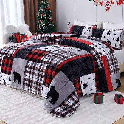 YIYEA Christmas Fluffy Queen Size Comforter Set, Luxury Faux Fur Comforter, Ultra Soft Plush Fuzzy Velvet Bedding Comforter Sets for Fall Winter, Cozy Warmth, No Shedding, 3PC, Queen