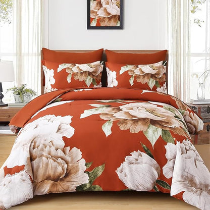 Dobuyly Burnt Orange Comforter Set King Size 7 Piece Bed in a Bag, Floral Printed on Terracotta Comforter Set with Sheets, Soft Microfiber Botanical Fall Bedding Set for All Season
