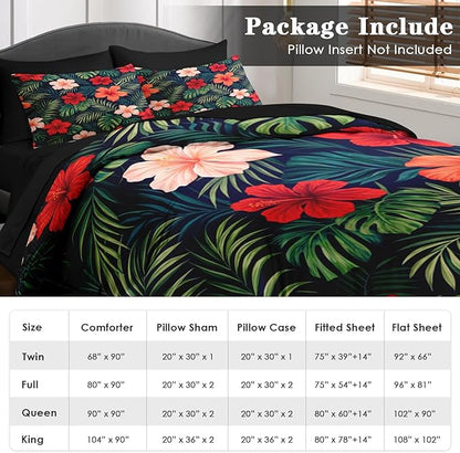 Comforter Set King Size, Summer Colorful Hawaiian 7 Pcs Bedding for Kids and Adults, Tropical Plants Hibiscus Bed Sheet Sets with Fitted Sheet 2 Pillowcases & 2 Shams for Bedroom Bed Decor