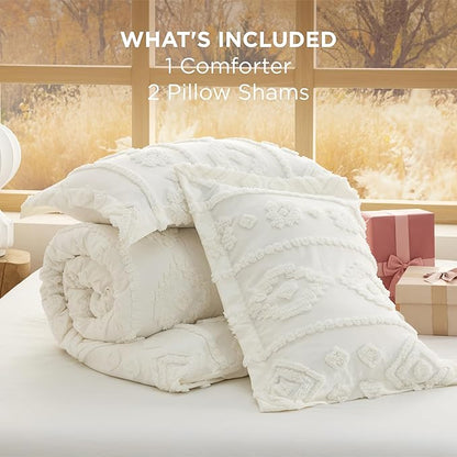 Bedsure Boho Tufted White Comforter King Size, GentleSoft™ 3 Pieces Boho Farmhouse Decor Bedding, Exquisite Shabby Chic Bedding for All Seasons, 1 Bed Comforter, 2 Pillow Shams, 104x90 Inches