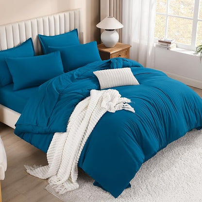 Litanika Comforter King Size Set Teal - 7 Pieces Bed in a Bag King Bedding Comforter Sets, Plain Lightweight Bed Set with Comforter, Sheets, Pillowcases & Shams