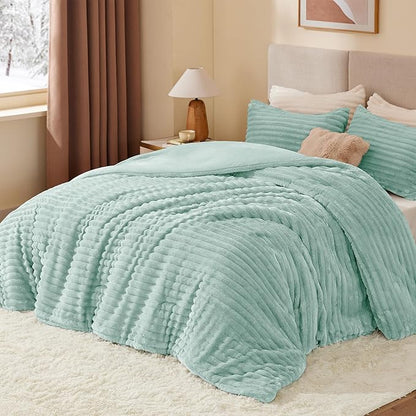 BEDELITE Fleece Queen Comforter Set -Super Soft & Warm Fluffy Light Green Bedding, Luxury Fuzzy Heavy Bed Set for Winter with 2 Pillow Cases