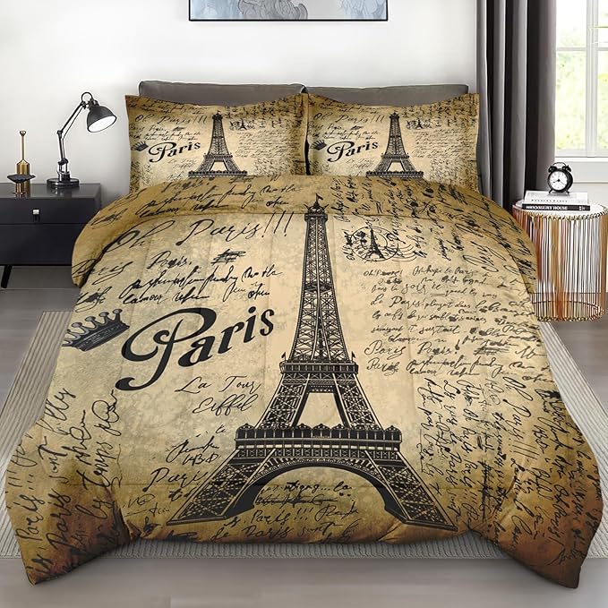 Comforter Set Full Size, Paris Eiffel Tower Vintage 3 Pcs Soft Bedding Set for Kids and Adults, Vintage Love Retro Comforter Set with 2 Pillowcases, for Bedroom Bed Decor