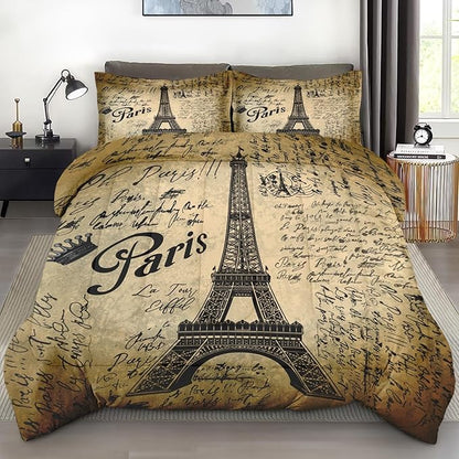 Comforter Set Queen Size, Paris Eiffel Tower Vintage 3 Pcs Soft Bedding Set for Kids and Adults, Vintage Love Retro Comforter Set with 2 Pillowcases, for Bedroom Bed Decor