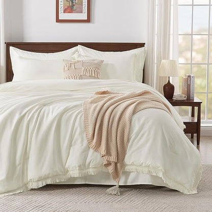 Andency Oversized King Comforter Set with Sheets 128x120 Ivory - 7 Pieces Bed in a Bag Boho Soft Lightweight Bedding Sets, Tassel Bed Set with Comforter, Sheets, Pillowcases & Shams