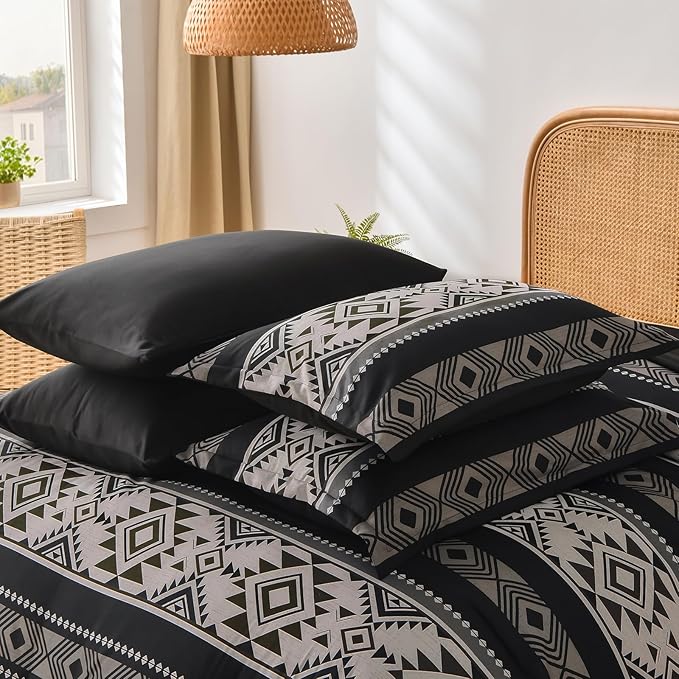 Anibedding Black King Size Comforter Set,7 Pieces Boho Striped Bed in a Bag Aztec Western Bedding Set, Soft Microfiber Farmhouse Bed Comforter Set for All Season