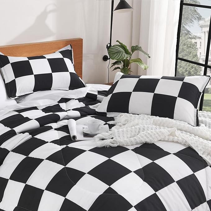 Andency Checkered Comforter Queen(90x90Inch), Black White Plaid Gingham Bed Set for Teen Boys Kids, Lightweight Microfiber Geometric Preppy Bedding, 3 Pieces