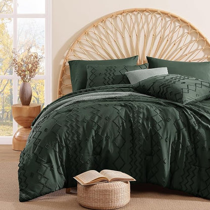 Queen Comforter Set Dark Green, Tufted Boho Bedding Farmhouse Bed Set, All Season 7 Pieces Bed in a Bag with Sheets, Pillowcases & Shams