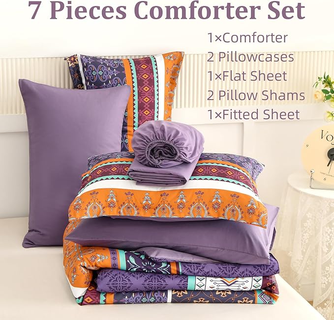 WONGS BEDDING Boho Comforter Set Queen Size,7 Pieces Bohemian Comforter Bedding Set Bed in a Bag,Purple Paisley Floral Comfortet and Sheet Set,Soft Microfiber Striped Bedding Sets for All Season