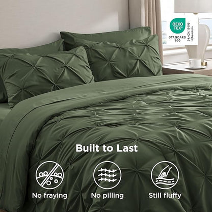 Bedsure Queen Comforter Set Olive Green - Bed in a Bag Queen Size Bedding 7 Pieces, GentleSoft™ Pintuck Bed Set Gift for Family, Pinch Pleat All Season Comforter with Sheets, Pillowcases & Shams