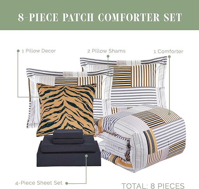 Elegant Comfort 8-Piece Animal Print Patch Reversible Comforter Set - All Season Bed in a Bag, 4-Piece Sheet Set Featuring Smart Pockets, Matching Shams and Decorative Pillow, Full/Queen, Gold