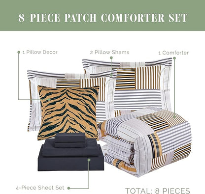 Elegant Comfort 8-Piece Animal Print Patch Reversible Comforter Set - All Season Bed in a Bag, 4-Piece Sheet Set Featuring Smart Pockets, Matching Shams and Decorative Pillow, Twin/Twin XL, Gold