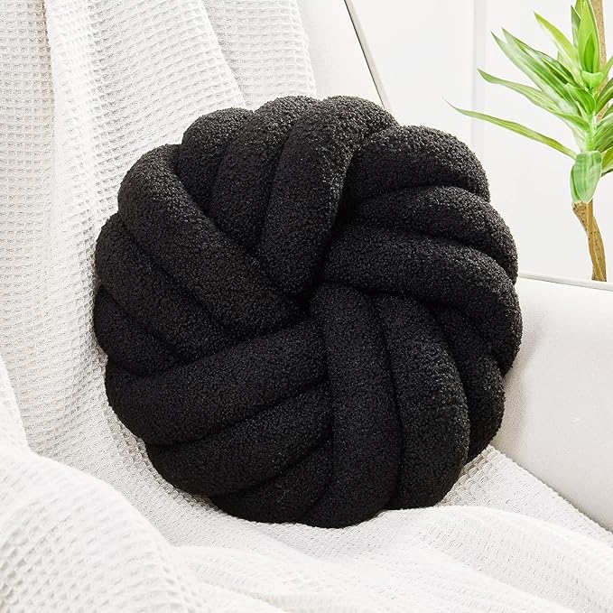 Uvvyui Knot Pillows, 14 Inch Decorative Throw Pillows Round Pillows Cushion, Soft Handmade Knotted Ball Pillow Plush Cushion Home Decor for Bed Couch Living Room (Black, 14 Inch)