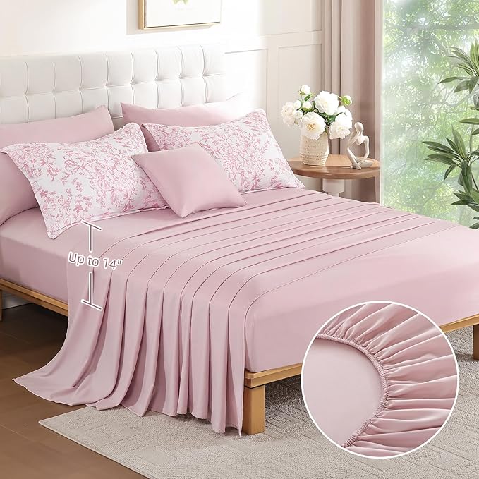 WONGS BEDDING King Size Comforter Set, 8 Pieces Pink Floral Bed in a Bag Comforter Sets, Botanical Print Soft Fluffy Microfiber Complete Bedding Sets for All Season (90"x104")