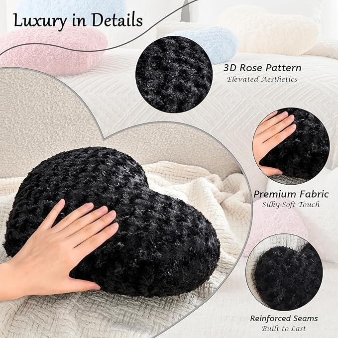 Heart Pillow Black Throw Pillows, Soft and Fluffy Decorative Pillows for Bed Couch Chair, Cute Heart Shaped Room Decor for Valentine Anniversary Birthday Halloween Christmas (Medium, 20"x15")