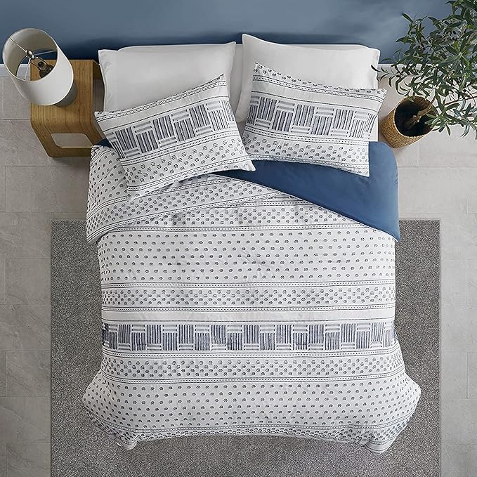 Hyde Lane Modern Navy Bedding, Blue King/Cal King Farmhouse Comforter Set, Cotton Top with Boho Style Clipped Jacquard Stripes 3-Pieces/W Matching Pillow Shams (104x90 inches, Navy)