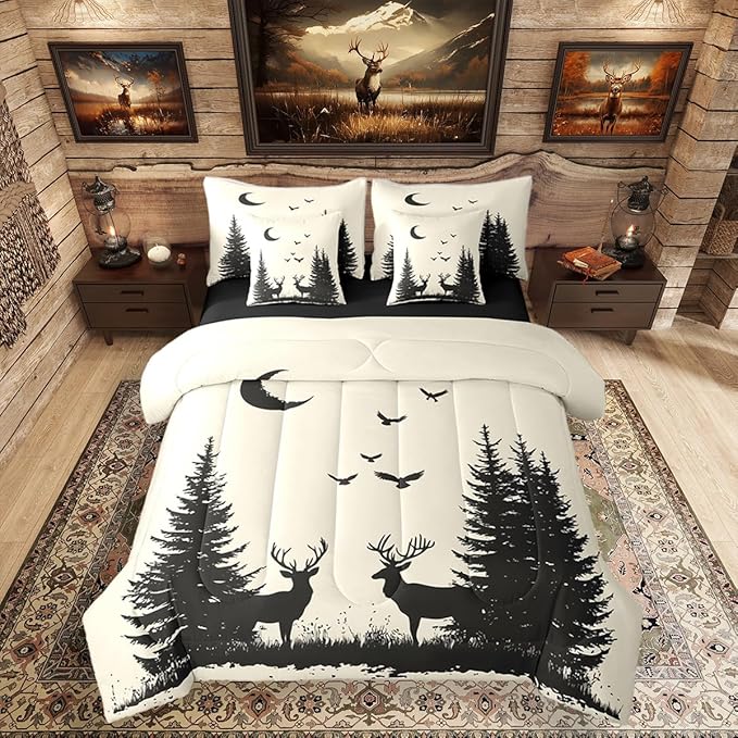 Erosebridal Full Size Rustic Deer Comforter Set with Sheets 7 Pcs | Forest Cute Moose Wild Animal Bedding Set for Kids Boys Girls Farmhouse Cabin Lodge Bed in A Bag Tree Moon Woodland Quilt Sets