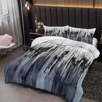 Black Grey White Gradient Print Comforter Set Full Size,Abstract Art Bedding Set,Patchwork Printed Quilted Set for Teens Adult,with 1 Comforter and 2 Pillow Case