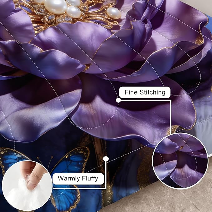 Floral Butterfly Bedding Set King Size 3PCs Gold Purple Blue Marble Flower Bedding Set for Kids Girls Women Marbled Purple Blue Gold Bed Set Soft Marbling Art Quilt Set with 2 Pillowcases