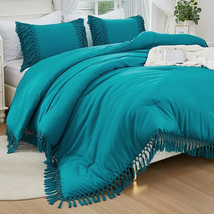 Andency Turquoise Comforter Set California King, 3 Pieces Boho Tassel Lightweight Soft Bedding Comforter Sets for King Bed, All Season Fluffy Fringe Bed Set (104x96In Comforter & 2 Pillowcases)