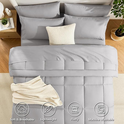 CozyLux Queen Size Comforter Sets French Grey, 7 Pieces Bed in a Bag, Grey Comforter Queen Size, All Season Bedding Sets with Stitch Quilted Comforter, Flat Sheet, Fitted Sheet, Pillowcases