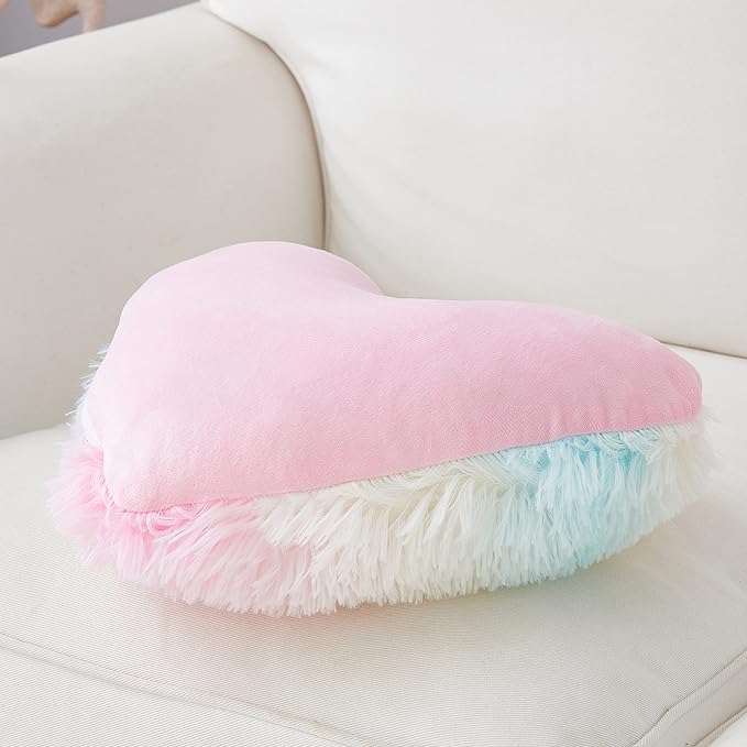 MOOWOO Rainbow Fluffy Heart Pillow,Valentines Day Decor Faux Fur Throw Pillow,Sherpa Plush Shaggy, Girl Room Decor,Heart Shape for Mothers Day,Christmas Decorations(Colorful)