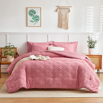 6 Pieces Tufted Bed in a Bag Twin Comforter Set with Sheets Pink, Soft and Embroidery Shabby Chic Boho Bohemian, Luxury Solid Color with Diamond Pattern, Jacquard Tufts Bedding Set for Kids Girls