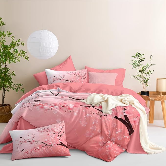 Cherry Blossom Comforter Set Twin Size Pink Floral Bedding Set for Girls Kids Japanese Flower Decor Quilt Set - 2Pcs Soft Fluffy Microfiber with 1 Pillowcase(68 * 86)