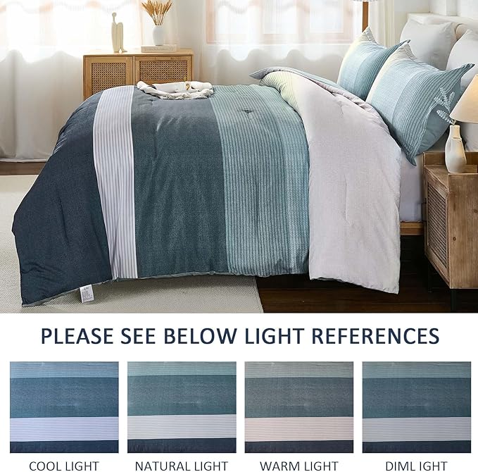 WONGS BEDDING Comforter Set King Size, Blue Striped Patchwork Comforter for King Bed,3 Pieces (1 Comforter+2 Pillowcases) Soft Microfiber Bedding Set for All Season (104"x90")