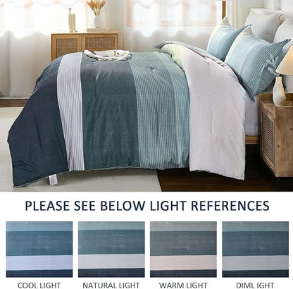 WONGS BEDDING Comforter Set King Size, Blue Striped Patchwork Comforter for King Bed,3 Pieces (1 Comforter+2 Pillowcases) Soft Microfiber Bedding Set for All Season (104"x90")
