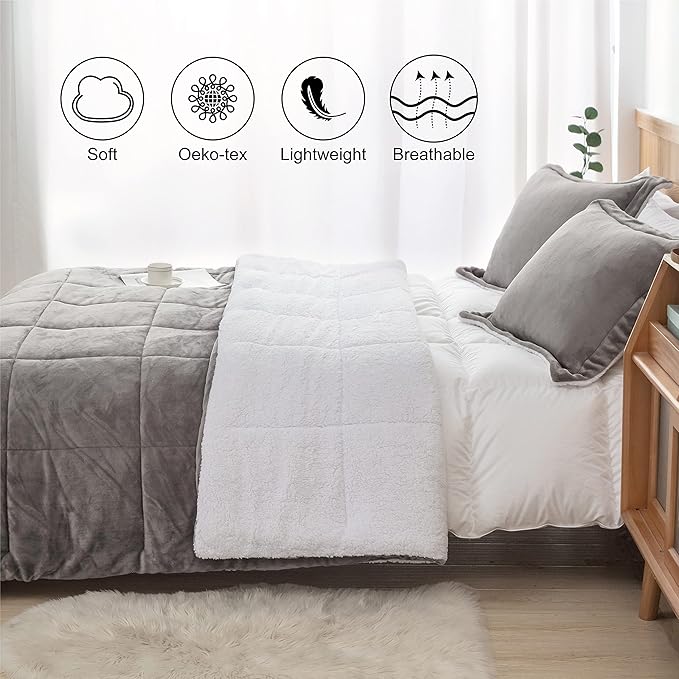 Seward Park Grey Sherpa Comforter Set King Size, Soft Fall Winter All Season Down Alternative Bedding Sets 3 Piece (1 Comforter and 2 Pillow Shams)