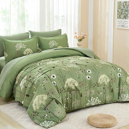 Yiran 7 Piece Sage Green Floral Comforter Set King Size, Dandelion Plant Botanical Comforter Bedding Set, Bed in a Bag King, Soft Microfiber Complete Bedding Set with Sheets for All Season