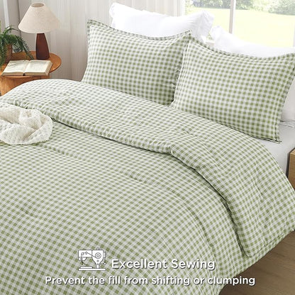 Andency Sage Gingham Comforter Set Queen(90x90Inch), Green Checkered Grid Plaid Buffalo Bed Set for Girls Boys Kids Teens, 3 Pieces Lightweight Microfiber Geometric Preppy Bedding