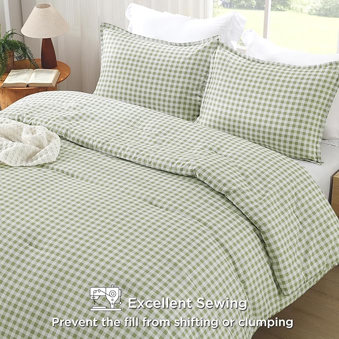 Andency Sage Checkered Comforter King(104x90Inch), Plaid Gingham Buffalo Grid Bedding Comforter Sets for Boys Kids Teens, 3 Pieces Lightweight Microfiber Geometric Preppy Bed Set
