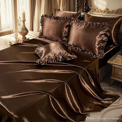 Satin Comforter Set with Sheet Set King 8 Pcs Borwn Bed in a Bag Dark Coffee Bedding Set Silk Like Satin Ruffle Home Deocr Sexy Hotel Silky Bed Set with 1 Cushion Cover