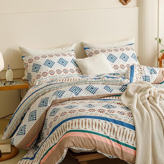 CLOTHKNOW Aztec Bohemian Queen Comforter Set 3Pcs Boho Bedding Comforter Sets White Blue Comforter American Tribal Navajo Queen Size Comforter Sets