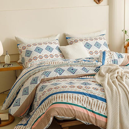 CLOTHKNOW Aztec Bohemian Queen Comforter Set 3Pcs Boho Bedding Comforter Sets White Blue Comforter American Tribal Navajo Queen Size Comforter Sets