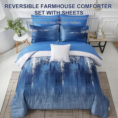 Dinjoy Ombre Blue Comforter Set Twin Size Reversible Gradient Blue Grey Boho Bedding Set for Men Women 7 Pieces Bed in A Bag Bohemian Bed Set with Comforter, Sheets, Pillowcases & Shams
