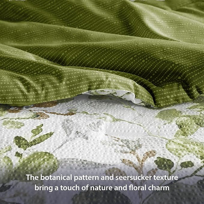 Lightweight Seersucker Botanical Queen Size Comforter Set, 3 Pieces Reversible Design Bed Comforter, Premium Microfiber Bedding Set, Comforter and Shams Set, Olive Green