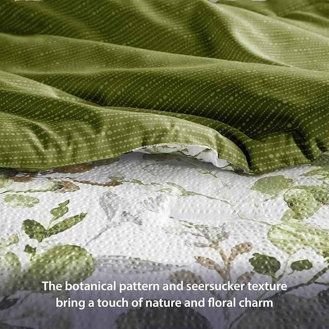 Lightweight Seersucker Botanical King Size Comforter Set, 3 Pieces Reversible Design Bed Comforter, Premium Microfiber Bedding Set, Comforter and Shams Set, Olive Green