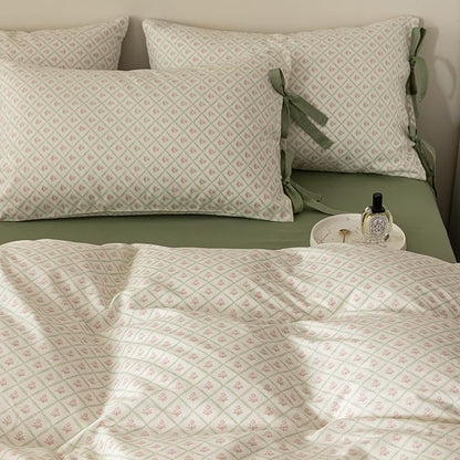 HighBuy Vintage Comforter Set Queen Size with Pink Flowers Plaid Print Girl Luxury Coquette Bedding Comforter with 2 Bowknot Bow Tie Pillowcases Comfy Fluffy Comforters Boho Bedding Set