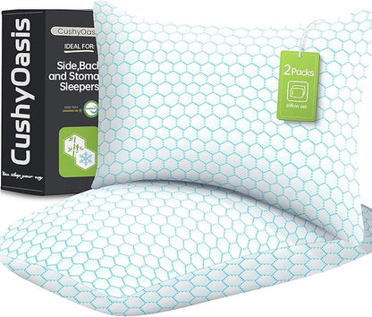 Shredded Memory Foam Pillow for Sleeping, Cooling Bed Pillows Set of 2, Adjustable Pillows for Side, Back, Stomach Sleepers with Washable Pillowcase (Queen Size, Blue)