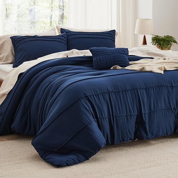Bedsure Navy Blue Oversized King Size Comforter Set - 4 Pieces Pinch Pleat Bed Set, Down Alternative Bedding Sets for All Season, 1 Comforter, 2 Pillowcases, 1 Decorative Pillow