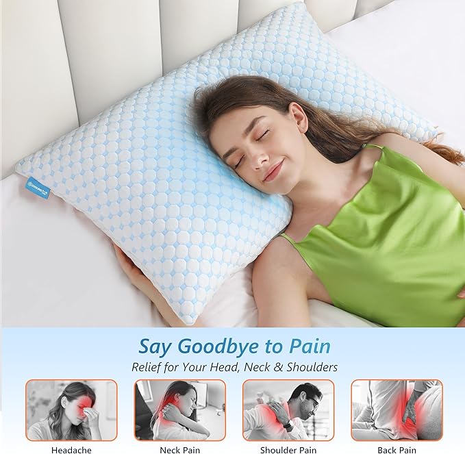 Cooling Firm Bed Pillows Set of 2, Shredded Memory Foam Pillows for Sleeping Luxury Gel Pillows for Side Back Stomach Sleepers with Removable Washable Cover(Blue, Queen)