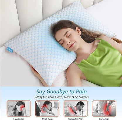 Cooling Firm Bed Pillows Set of 2, Shredded Memory Foam Pillows for Sleeping Luxury Gel Pillows for Side Back Stomach Sleepers with Removable Washable Cover(Blue, Queen)