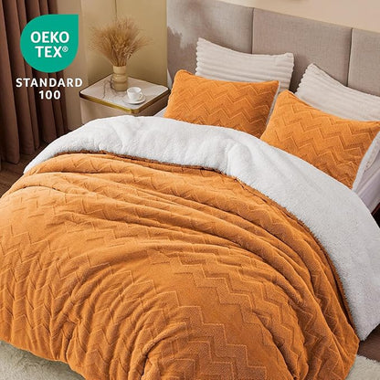 BEDELITE Fluffy Queen Comforter Set - Super Soft Sherpa Burnt Orange Comforter for Queen Size Bed, Luxury Warm Bedding Set for Winter, Fuzzy Bed Set 3 Pieces (1 Comforter, 2 Pillowcases)