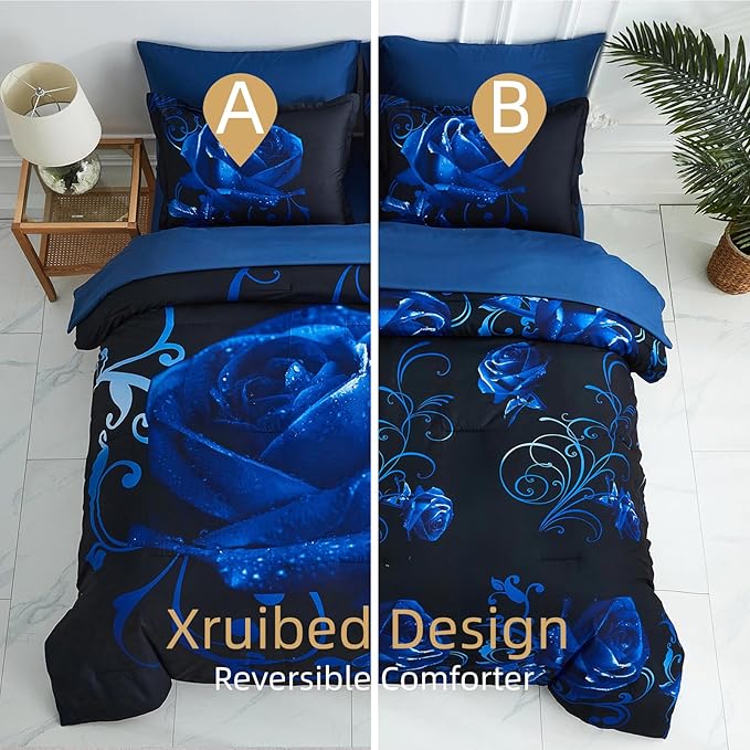 Xruibed Blue Comforter Set Full 7 Piece Bed in a Bag Blue Rose Comforter with Sheet Set Soft Micorfiber Reversible Bedding Set (1 Comforter,2 Pillow Shams,1 Flat Sheet,1 Fitted Sheet,2 Pillowcases)