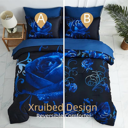 Xruibed Blue Comforter Set Full 7 Piece Bed in a Bag Blue Rose Comforter with Sheet Set Soft Micorfiber Reversible Bedding Set (1 Comforter,2 Pillow Shams,1 Flat Sheet,1 Fitted Sheet,2 Pillowcases)