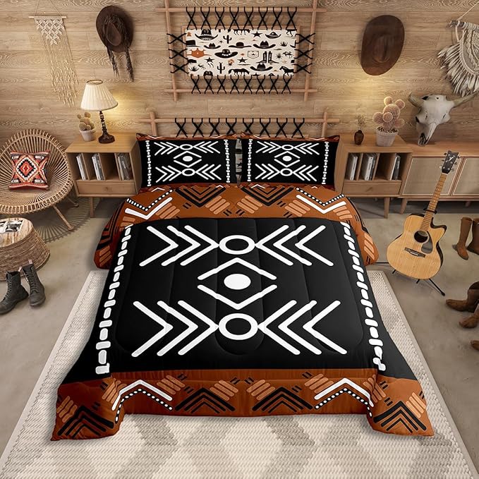 Western Aztec Bedding Set Queen Size, Native American Navajo Comforter Set for Boys Adult Teens, Southwestern Geometric Duvet Insert Ethnic American Native Quilt Rustic Farmhouse Decor, Black Brown